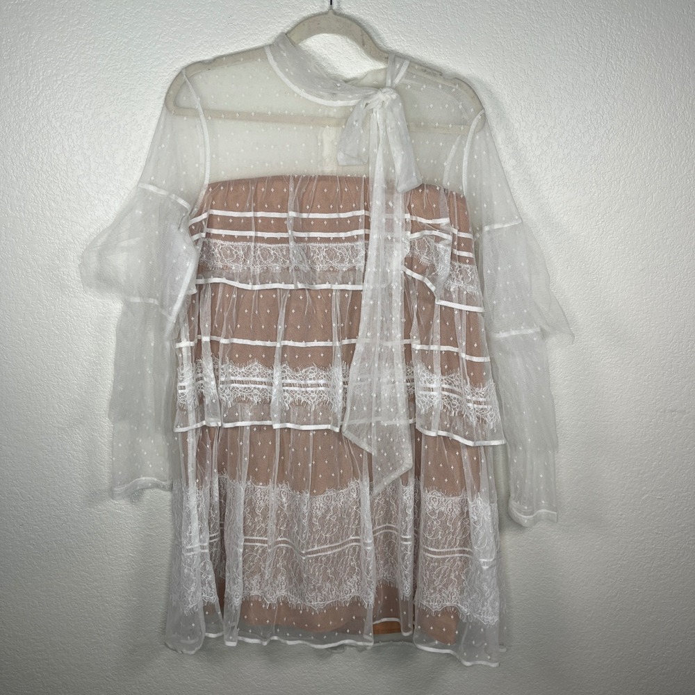 Gianni Bini Miranda Dress Cream Lace Mesh Swiss Dot Bow Tie Mini Dress NWT L
